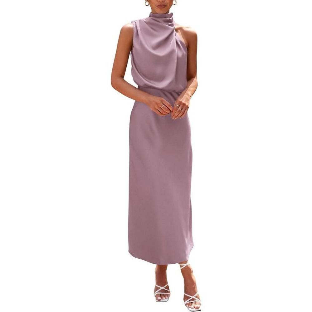 Dusty Pink Satin Mock Neck Sleeveless Cocktail Maxi Dress X-Large